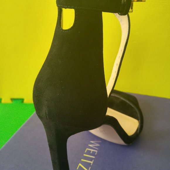 Stuart Weitzman 100 square nudist Black luxe Suede Sandal Heels size M9.5 - Picture 8 of 12